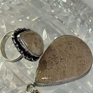 🆕 Set of 2 - Fossil Coral Pendant & Ring - Sterling Silver (Size 7.5) - 🆕